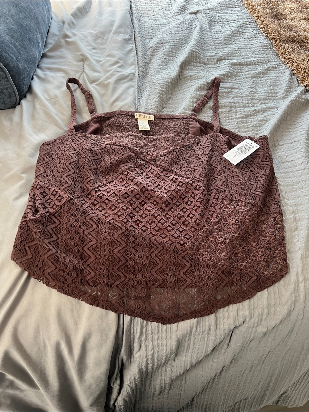Torrid Festi Handkerchief Cami Lace Tank Top in the color (French Roast) Brown